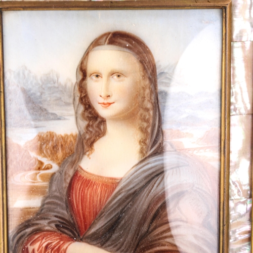 1190 - An early 20th century painted portrait on ivorine after Leonardo, The Mona Lisa, in ornate brass fil... 