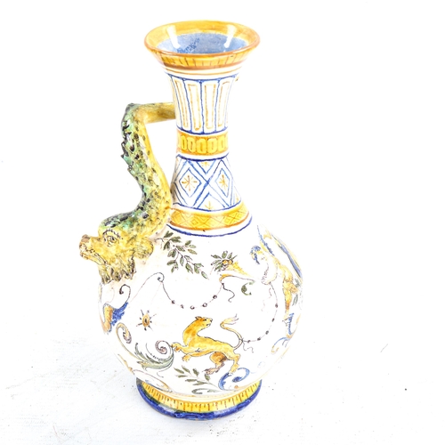 1197 - Cantigalli, Italian pottery vase, with gurgle fish handle and painted decoration, height 23cm