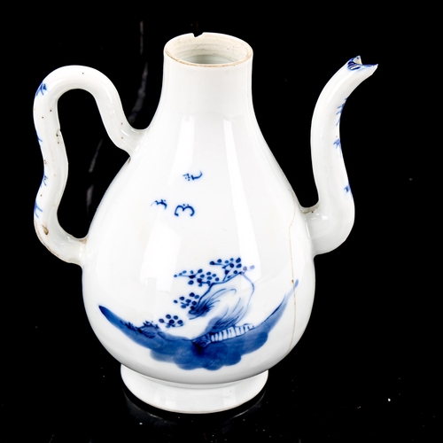 1202 - A Chinese blue and white porcelain ewer, with painted figures, height 14cm, and a blue and white por... 