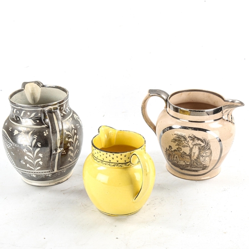 1246 - 2 19th century silver lustre pottery jugs, and a yellow glaze pottery jug, largest height 14cm (3)