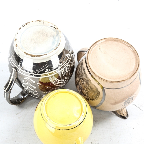 1246 - 2 19th century silver lustre pottery jugs, and a yellow glaze pottery jug, largest height 14cm (3)