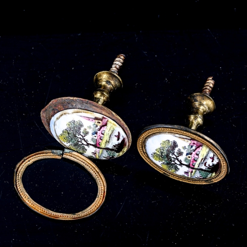 1291 - A pair of 18th/19th century French gilt-metal handles, with inset hand painted porcelain panels, hei... 