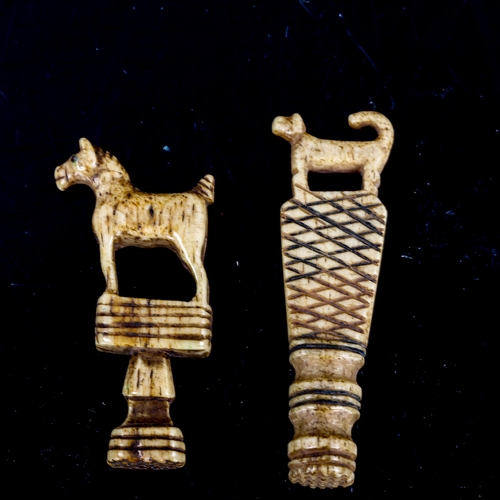 1296 - 2 19th century carved bone dog and horse design pipe tampers