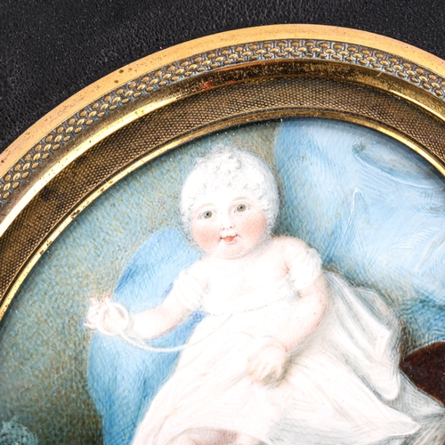 1298 - A 19th century miniature watercolour on ivory, portrait of a baby, in brass-mounted lacquer frame, f... 