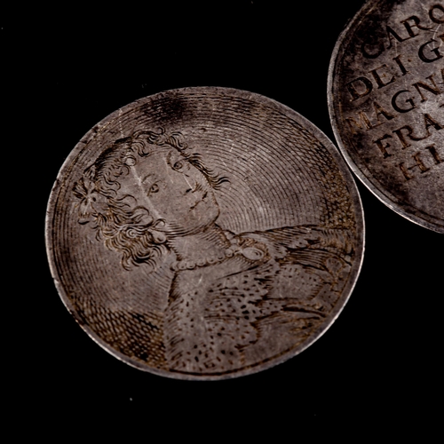 1318 - A pair of unusual Charles I commemorative coins dated 1638, engraved on one side with portraits of t... 