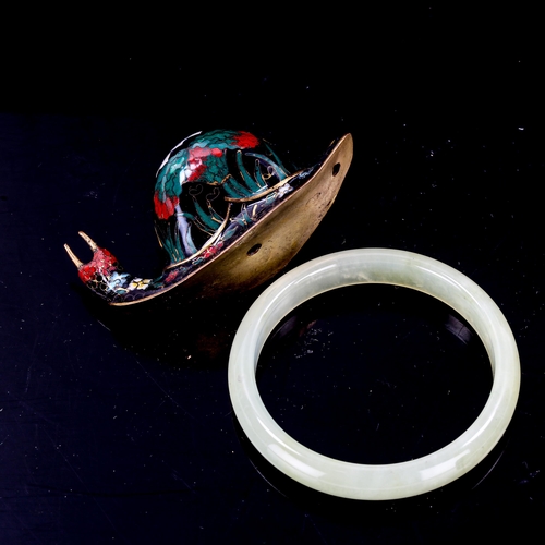 1319 - A Chinese cloisonne enamel snail, length 9cm, a Chinese bone abacus, length 9cm, and a jade bangle (... 