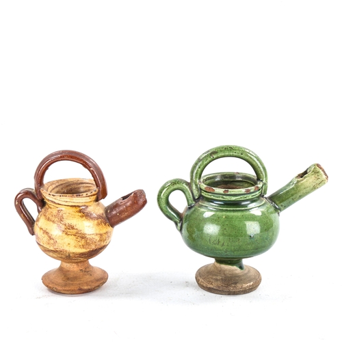 1329 - 2 19th century green and brown glazed pottery miniature pots, with whistle spouts, largest height 7c... 