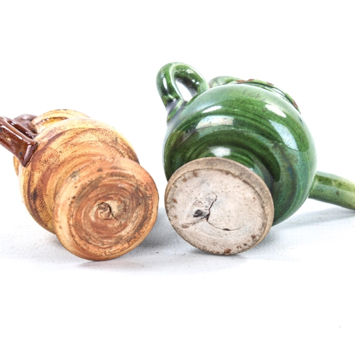 1329 - 2 19th century green and brown glazed pottery miniature pots, with whistle spouts, largest height 7c... 