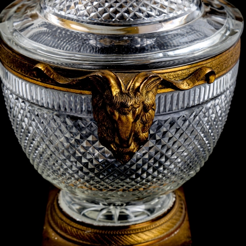 1350 - A fine quality 19th century cut-glass and ormolu mounted pot and cover, with ram's head handles, hei... 