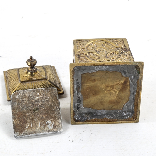 1357 - 19th century heavy gauge brass tobacco jar and cover, with relief moulded design, height 13cm