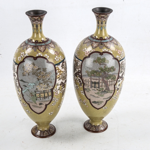 1369 - A pair of Japanese cloisonne enamel vases, circa 1900, height 25cm (A/F)