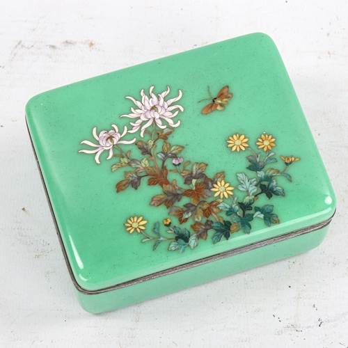 1371 - A Japanese green enamel rectangular pot and cover, with cloisonne enamel decorated lid, 11cm x 8.5cm