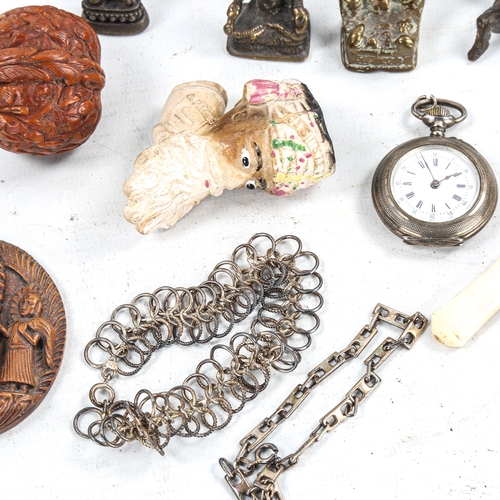 1383 - A mixed group of items, including bronze deities, pocket watch etc