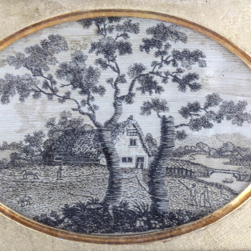 1438 - 19th century silk embroidered picture, depicting a country cottage, original gilt frame, overall 16c... 