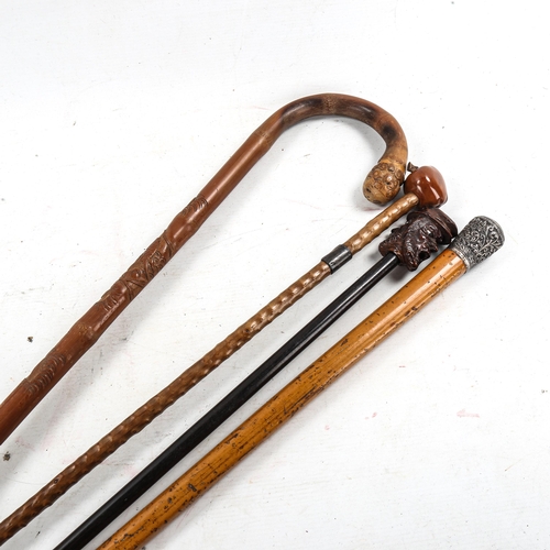 1443 - 4 various walking sticks, including 1 with Indian silver mount (4)