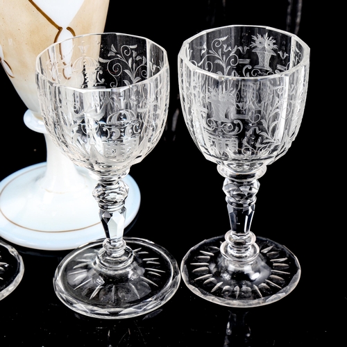 1445 - 4 Marie Therese engraved glasses, height 12cm, and a milk glass vase with painted decoration, height... 