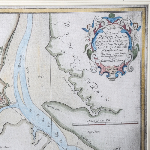 1450 - 17th/18th century hand coloured map of the Sussex coast, by Greenvile Collins, modern frame, image 4... 