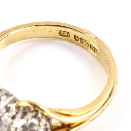 104 - A late 20th century 18ct white and yellow gold 3-stone diamond ring, claw-set with cushion old cut a... 