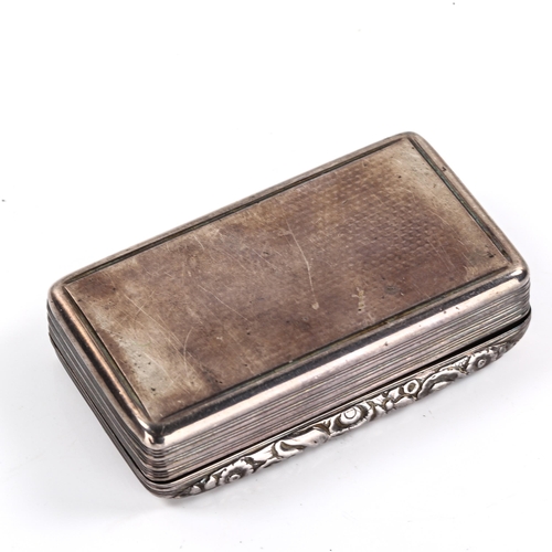 160 - A George II silver snuffbox, plain rectangular form with engine turned decoration and cast floral th... 