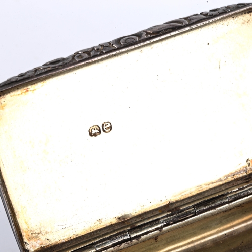 160 - A George II silver snuffbox, plain rectangular form with engine turned decoration and cast floral th... 