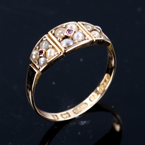 221 - A Victorian 15ct gold ruby and pearl dress ring, maker's marks O & Co, hallmarks Birmingham 1879, se... 