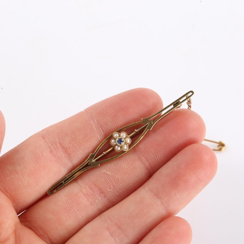 226 - An Edwardian 15ct gold sapphire and split pearl brooch, openwork floral design, brooch length 57.2mm... 