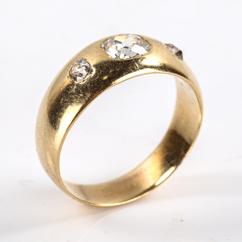 228 - A Victorian 3-stone diamond gypsy ring, unmarked gold settings with old cut diamonds, total diamond ... 