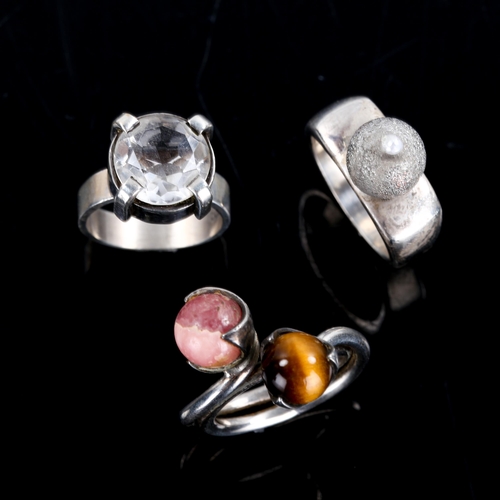 234 - 3 Scandinavian modernist silver stone set rings, makers include Jes, Peterost Jacobsen, sizes N, O a... 