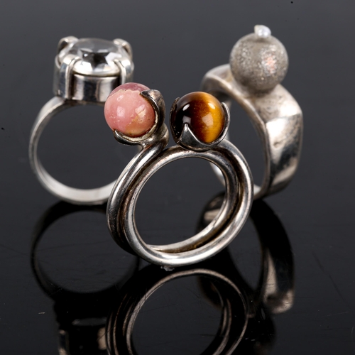 234 - 3 Scandinavian modernist silver stone set rings, makers include Jes, Peterost Jacobsen, sizes N, O a... 