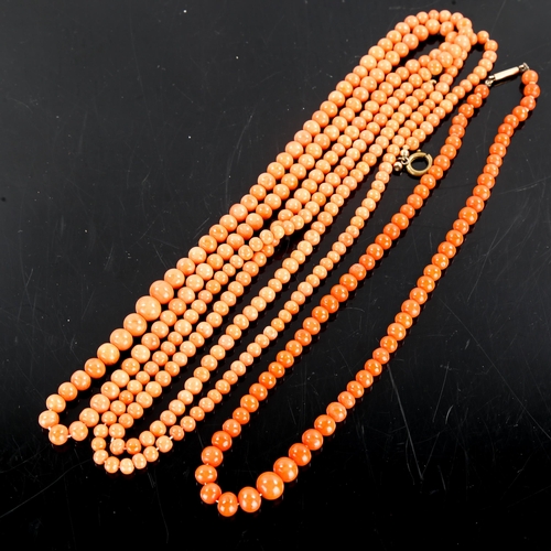 244 - 2 x 19th century graduated coral bead necklaces, necklace lengths 132cm and 40cm, 82.8g total, longe... 