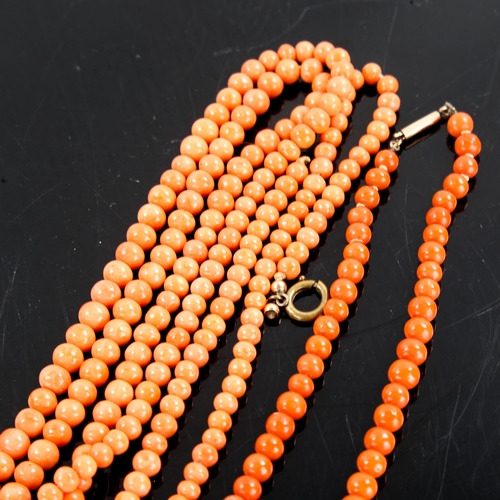 244 - 2 x 19th century graduated coral bead necklaces, necklace lengths 132cm and 40cm, 82.8g total, longe... 