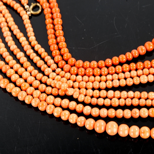 244 - 2 x 19th century graduated coral bead necklaces, necklace lengths 132cm and 40cm, 82.8g total, longe... 