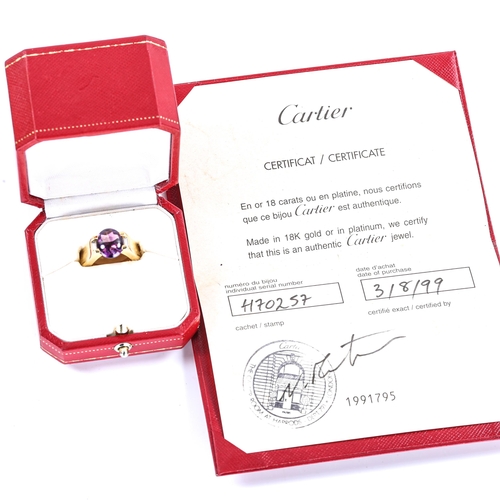 246 - CARTIER - a late 20th century 18ct gold amethyst and diamond 'Tank' ring, heavy settings with oval c... 