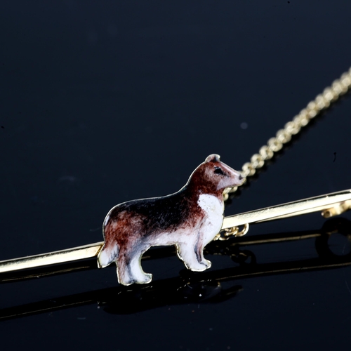 251 - A 15ct gold enamel figural Rough Collie dog bar brooch, brooch length 47.7mm, 3.6g