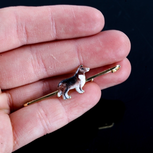 251 - A 15ct gold enamel figural Rough Collie dog bar brooch, brooch length 47.7mm, 3.6g