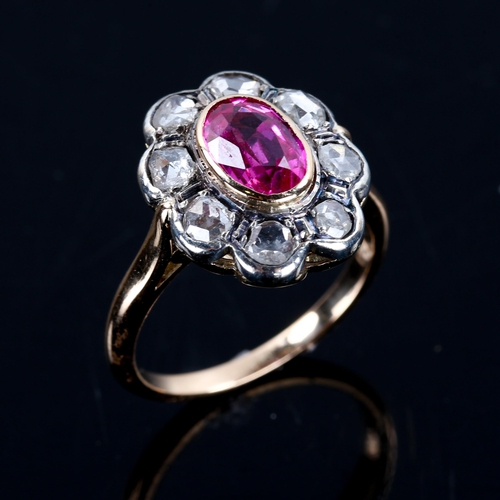 252 - An 18ct gold synthetic ruby and diamond cluster ring, set with oval mixed cut ruby and rose cut diam... 