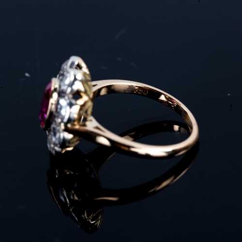 252 - An 18ct gold synthetic ruby and diamond cluster ring, set with oval mixed cut ruby and rose cut diam... 