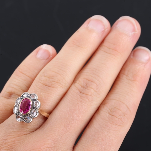 252 - An 18ct gold synthetic ruby and diamond cluster ring, set with oval mixed cut ruby and rose cut diam... 