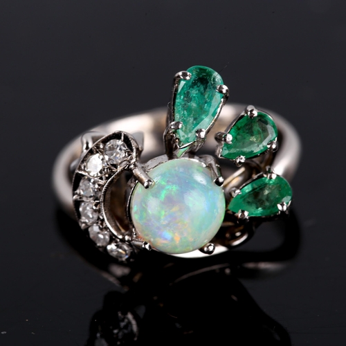 254 - A late 20th century 18ct white gold opal, emerald and diamond cocktail ring, set with round cabochon... 