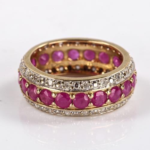 258 - A modern 9ct gold ruby and diamond full eternity band ring, set with round cut rubies and single cut... 