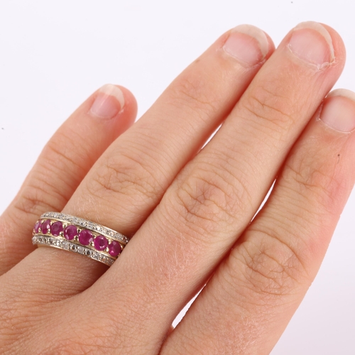 258 - A modern 9ct gold ruby and diamond full eternity band ring, set with round cut rubies and single cut... 