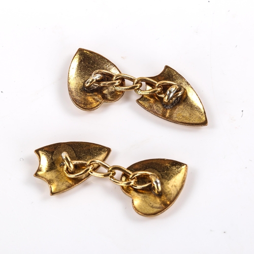 261 - A pair of Victorian rolled gold shield and heart panel cufflinks, engraved floral decoration, shield... 