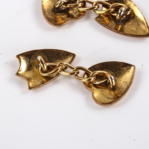 261 - A pair of Victorian rolled gold shield and heart panel cufflinks, engraved floral decoration, shield... 