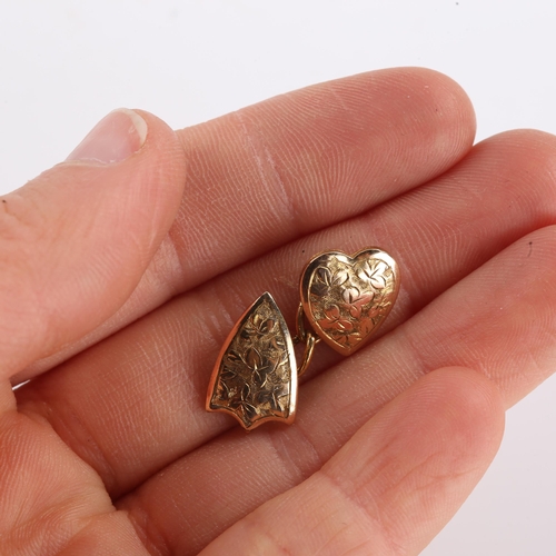 261 - A pair of Victorian rolled gold shield and heart panel cufflinks, engraved floral decoration, shield... 