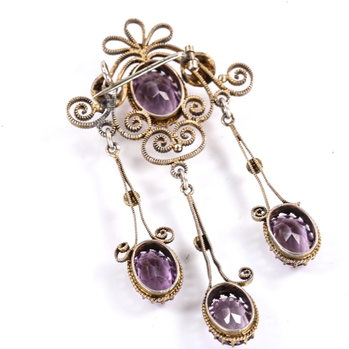 264 - A Vintage Norwegian silver-gilt amethyst and split pearl Folk Art drop brooch, brooch height 72mm, 1... 