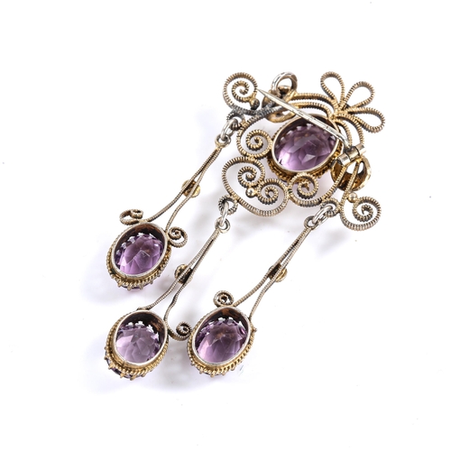 264 - A Vintage Norwegian silver-gilt amethyst and split pearl Folk Art drop brooch, brooch height 72mm, 1... 