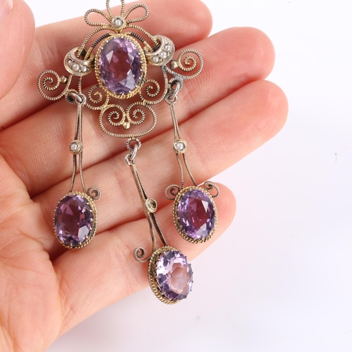 264 - A Vintage Norwegian silver-gilt amethyst and split pearl Folk Art drop brooch, brooch height 72mm, 1... 