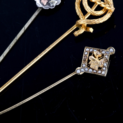 276 - Various stickpins, including 14ct gold and split-pearl moose example, unmarked gold fox example etc ... 