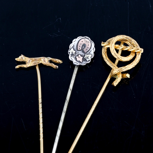 276 - Various stickpins, including 14ct gold and split-pearl moose example, unmarked gold fox example etc ... 