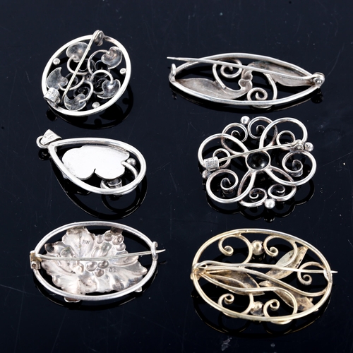 279 - 5 Vintage Danish silver floral brooches and a pendant, openwork stylised settings, makers include C ... 